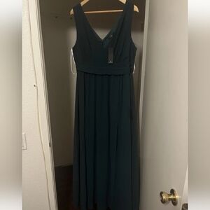 Lulus L Sleeveless Deep V Dark Teal Zipper, Leg Slit, A-Line Maxi, Built In Slip